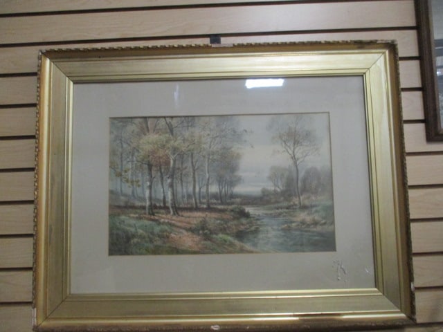 Vintage Framed and Matted Landscape Print Art by Charles Day Hunt: 30" x 26", chips and nicks on frame