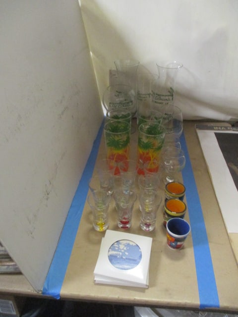 Barware Lot - Pat O'Brien Glasses, Holland American Shot Glasses, Brandy: Glasses, Coasters, etc., see pictures and preview for selection and condition