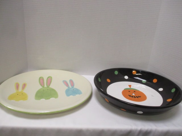Tag Handpainted Halloween Bowl and Easter Platter: 13" and 14"