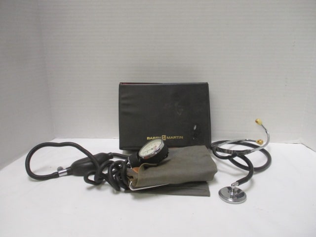 Vintage Barry Martin Stethoscope and Blood Pressure Cuff in Case: .
