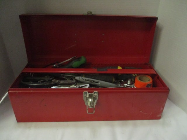 Vintage Red Metal Toolbox Full of Tools: see pictures and preview for selection and condition