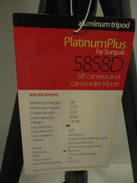 New Old Stock Sunpak Platinum Plus Aluminum Camera and Camcorder Tripod - 3