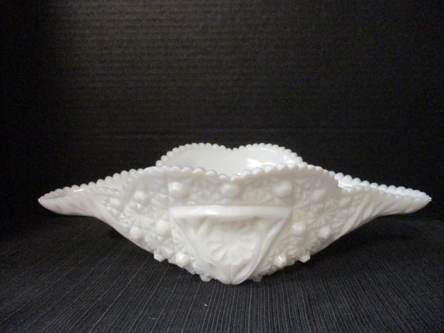 Vintage Milk Glass Daisy and Sawtooth Hobstar Console Bowl: 14" x 8 " x 4"