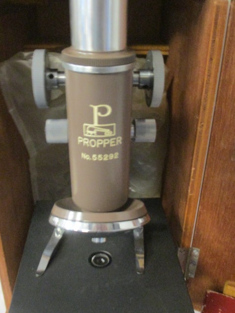 Vintage Propper Microscope in Wood Box and Minolta SR Microscope Adapter - 2