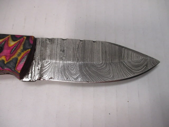 Damascus Steel Fixed Blade with Colorful Patterned Handle - 2