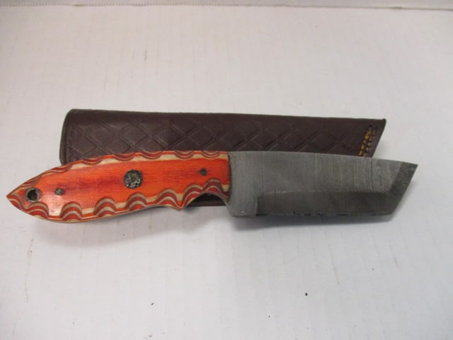 Damascus Steel Blade with Orange/Tan Wood Handle: .