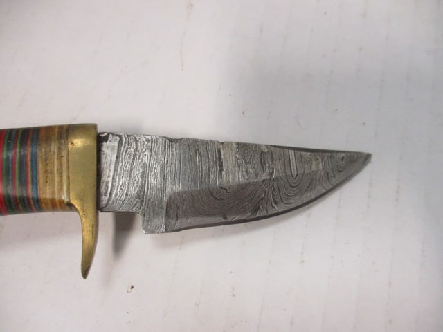 Damascus Steel Fixed Blade with Multicolored Stacked Spacer & Horn Handle - 2