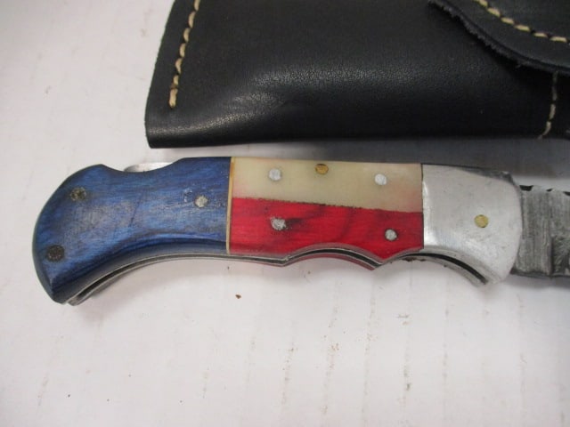 American Flag Style Pocket Knife with Damascus Steel Folding Blade - 3