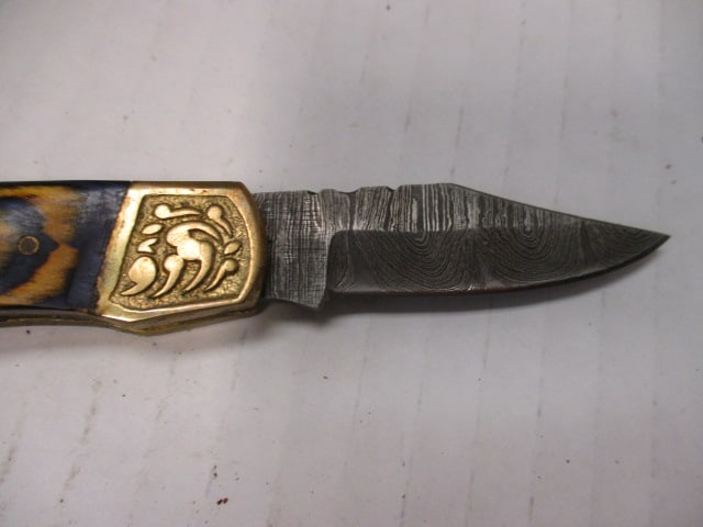 Damascus Steel Folding Pocket Knife with Engraved Brass - 2