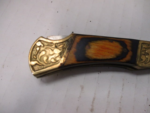 Damascus Steel Folding Pocket Knife with Engraved Brass - 3