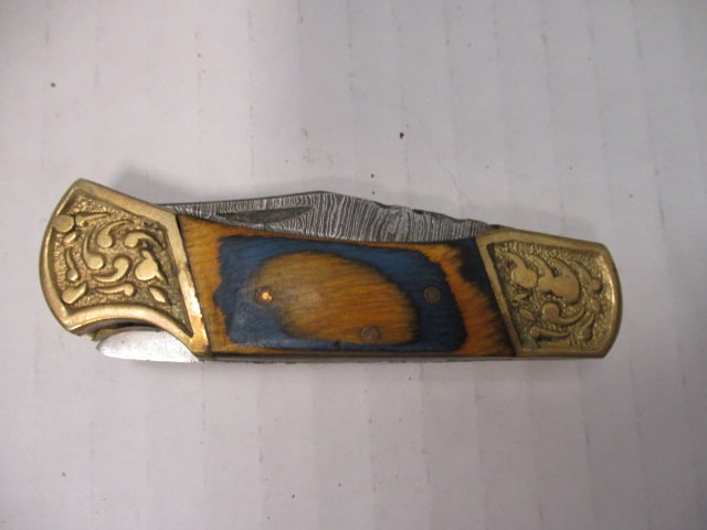 Damascus Steel Folding Pocket Knife with Engraved Brass - 8