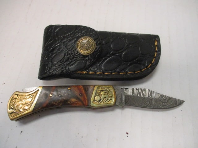 Damascus Steel Folding Pocket Knife with Resin Handle & Engraved Brass: .