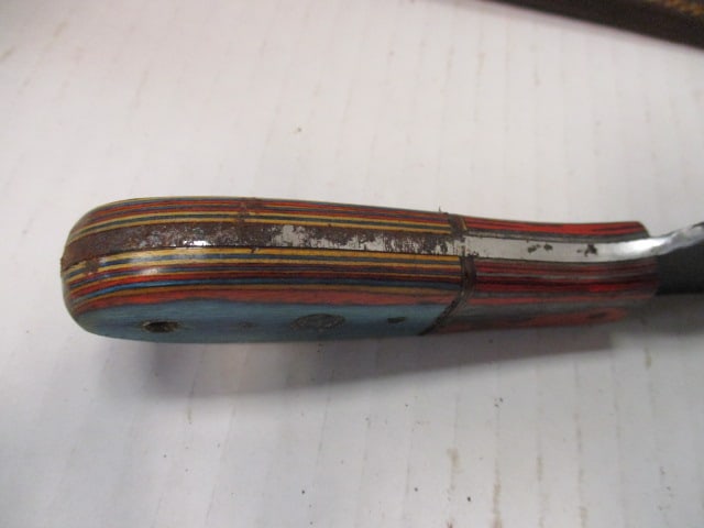 Hammered Style Fixed Blade with Blue & Orange Wood Handle - 5