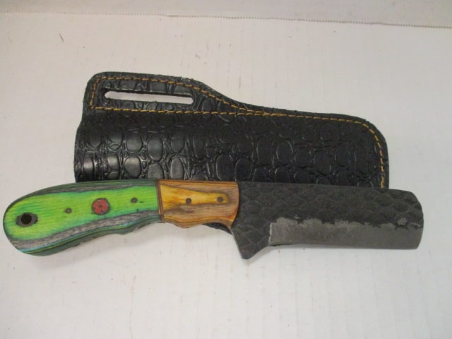 Fixed Blade Knife with Hammered Style Blade & Wood Handle: .