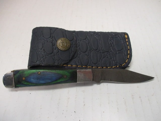 Damascus Steel Folding Blade with Colored Wood Handle: .