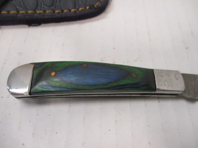 Damascus Steel Folding Blade with Colored Wood Handle - 3