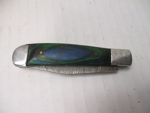 Damascus Steel Folding Blade with Colored Wood Handle - 6