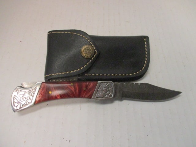 Damascus Steel Pocket Knife with Resin Handle & Engravings: .