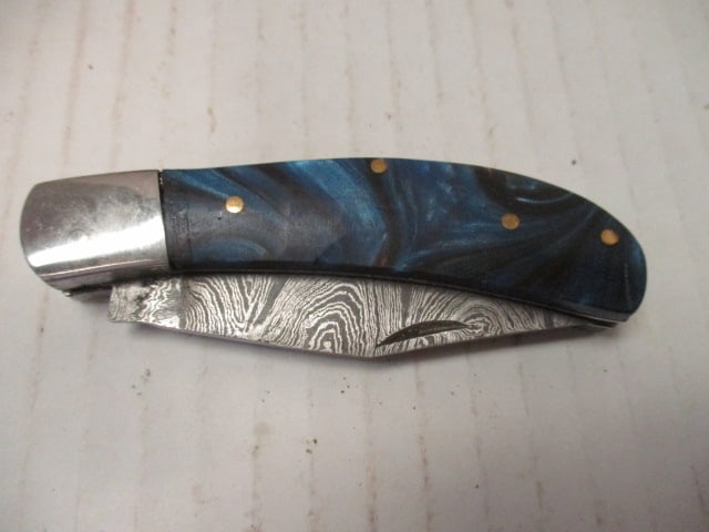 Damascus Steel Folding Blade with Resin Handle - 5