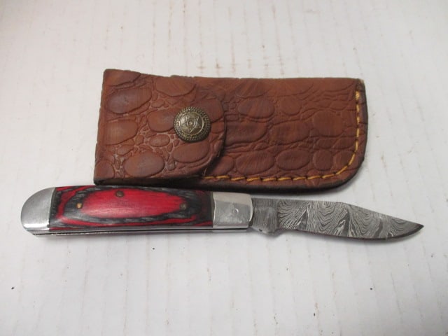 Damascus Steel Folding Blade with Colored Wood Handle: .