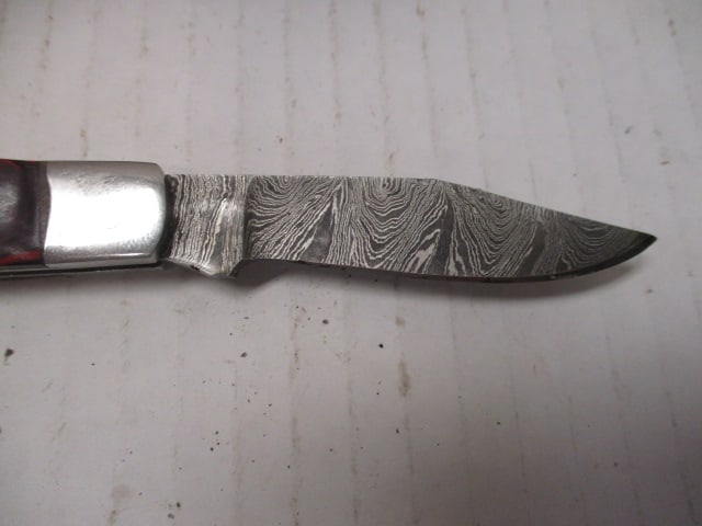 Damascus Steel Folding Blade with Colored Wood Handle - 2