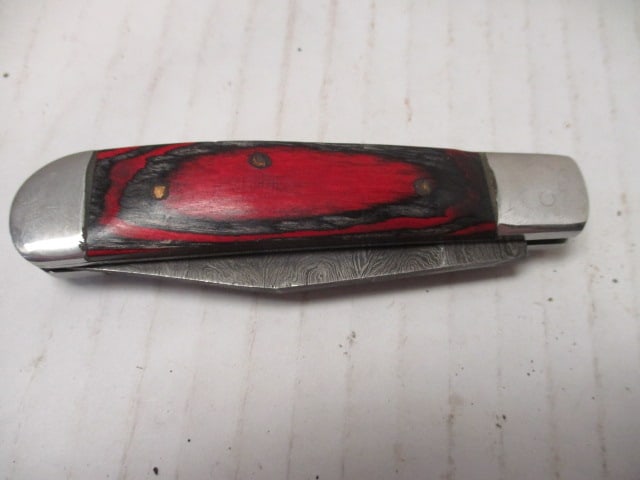 Damascus Steel Folding Blade with Colored Wood Handle - 7