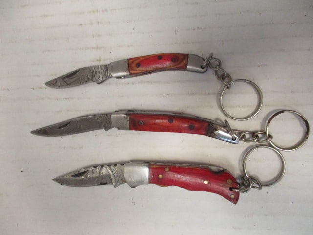 Lot of 3 Damascus Steel Keychain Knives with Colored Wood Handles: .