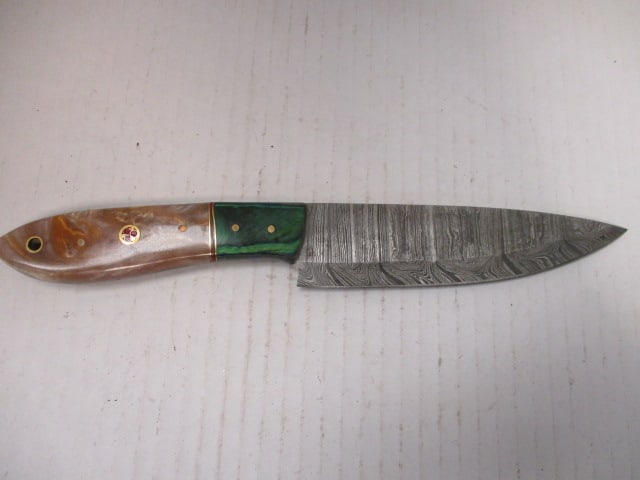 Large Fixed Blade Damascus Steel Blade with Resin/Wood Handle: No rust noted.