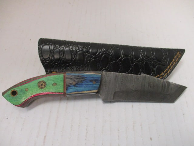 Damascus Steel Fixed Blade with Two-Tone Wood Handle: .