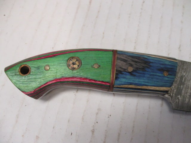 Damascus Steel Fixed Blade with Two-Tone Wood Handle - 3