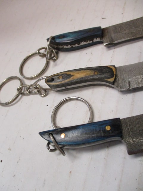 Lot of 3 Mini Damascus Steel Fixed Blades with Wood Handles, Keychains/Necklaces - 3