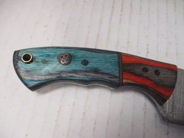Damascus Steel Fixed Blade with Gut Hook & Two-Tone Wood Handle - 3