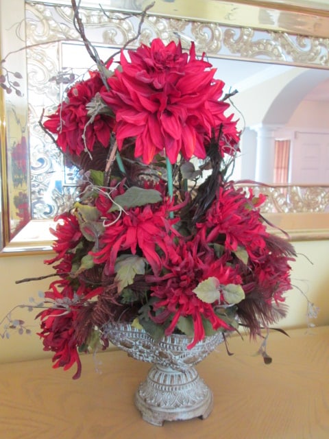 Large Faux Floral Centerpiece in Ornate Pedestal Urn: Urn 7"h, approx. 28"h overall, Local Pickup Only