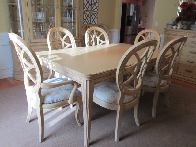 Hollywood Regency Neoclassical Style Banded Oak Table, Leaf, Arm Chairs and Side Chairs: Oak Cream Semi-Opaque Stained Table with Banded Top Design, Curved Fluted Legs and Twisted Rope Apron, Chairs have Curved Fluted Front Legs and Spider Web Balloon Backs, Table measures 72" x 44" x