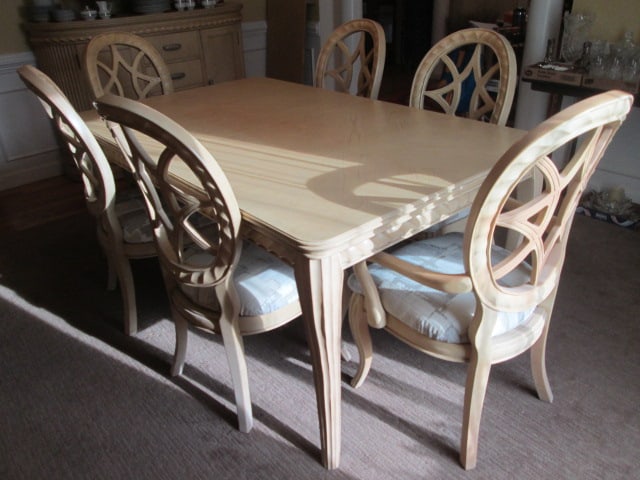 Hollywood Regency Neoclassical Style Banded Oak Table, Leaf, Arm Chairs and Side Chairs - 2