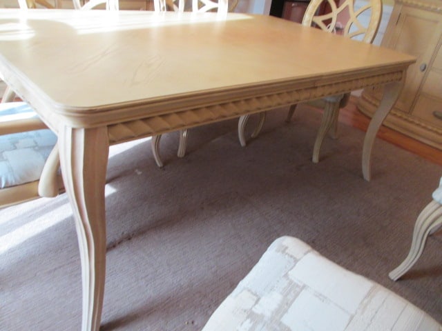 Hollywood Regency Neoclassical Style Banded Oak Table, Leaf, Arm Chairs and Side Chairs - 5