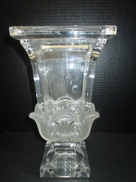 FK German Genuine Lead Crystal Neoclassical Style Pedestal Urn Vase with Frosted Acanthus Leaves: 6 1/2"square x 12"