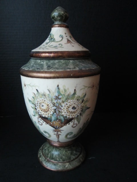 Hand Decorated Ceramic Urn with Neoclassical Motifs: 12 1/4"h, small chip on inside rim