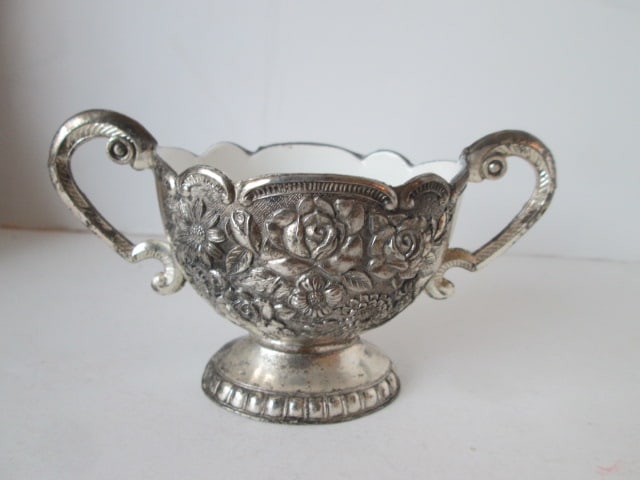 Pair of Floral Ribbon Silverplated Candle Sticks and Silverplated Creamer/Sugar Set - 4