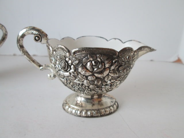 Pair of Floral Ribbon Silverplated Candle Sticks and Silverplated Creamer/Sugar Set - 6