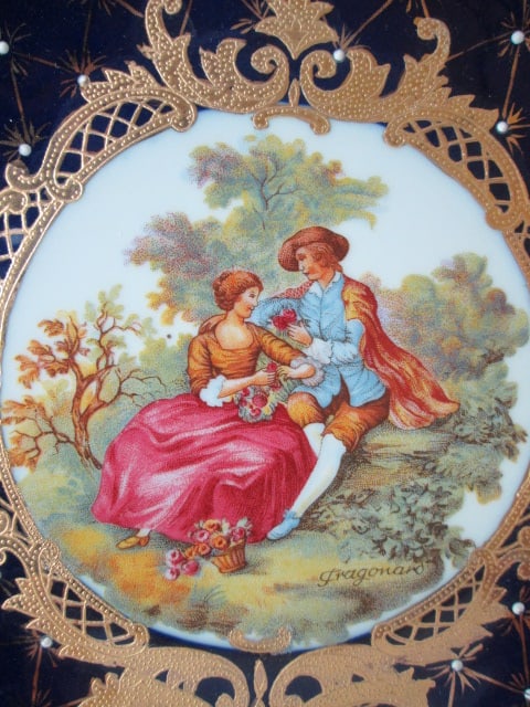 L.F. Fine Porcelain Fragonard Style Cobalt Blue and Gold Cabinet Plate - 2