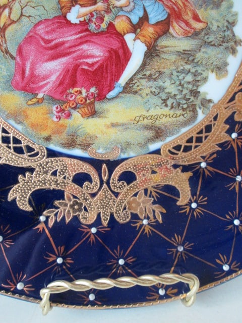L.F. Fine Porcelain Fragonard Style Cobalt Blue and Gold Cabinet Plate - 3