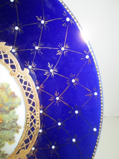 L.F. Fine Porcelain Fragonard Style Cobalt Blue and Gold Cabinet Plate - 4