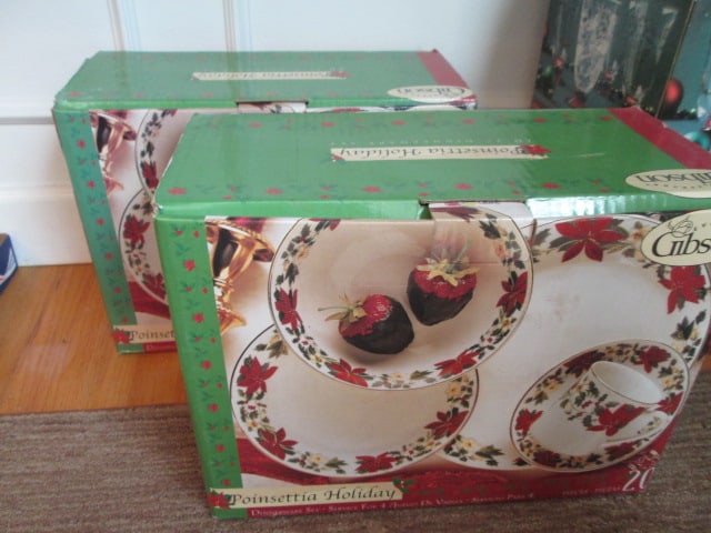 Two Gibson Poinsettia Holiday 20 Piece Dinnerware Sets in Original Boxes: .