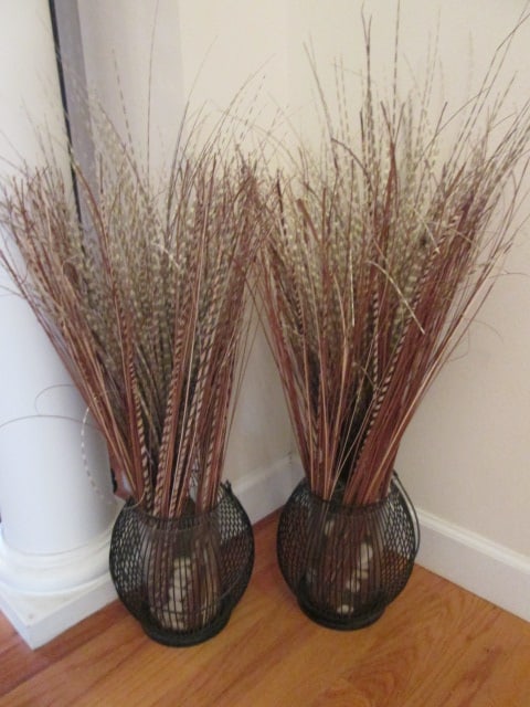 Pair of Black Wire Spherical Baskets with Dried Grass Arrangements: baskets 9"h, approx. 30"h overall, Local Pickup Only