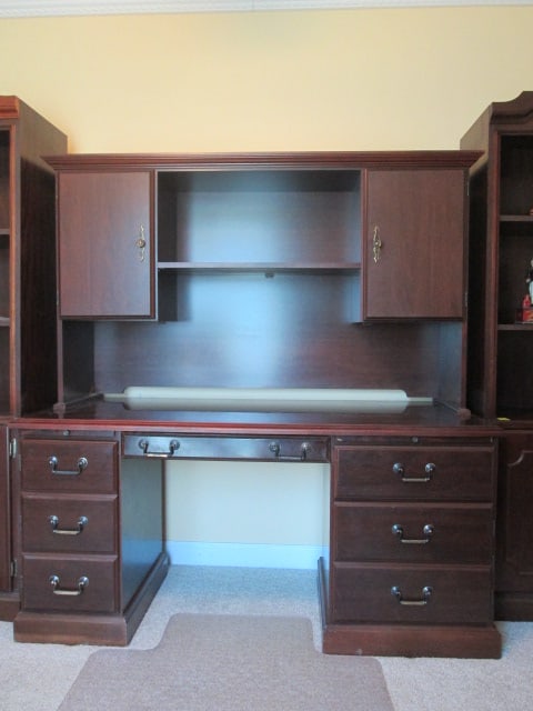 Miller Mahogany Finish 2 Piece Computer Desk with Bookcase Hutch: Desk 62" x 27" x 29 3/4", Hutch bookcase 59" x 17" x 36", Desk is finished on all sides, desk has pullout keyboard, right side has drawer and printer section with pullout shelf, left side hinged door