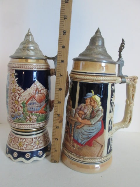 Two Vintage German Handpainted Stoneware Steins with Hinged Pewter Lids - 10