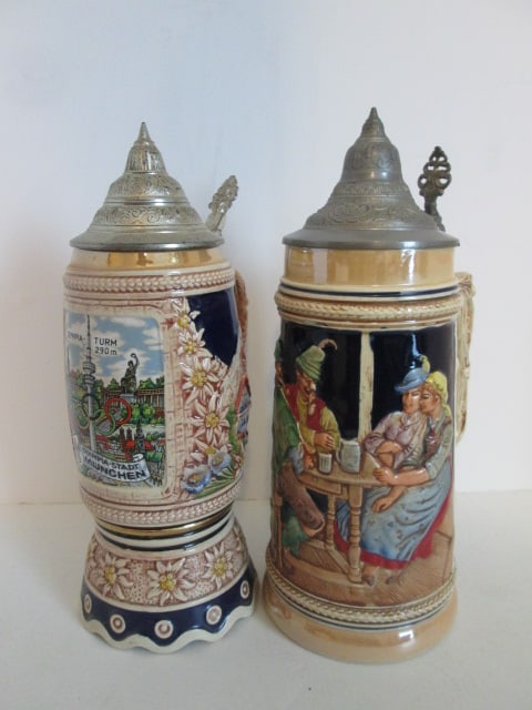 Two Vintage German Handpainted Stoneware Steins with Hinged Pewter Lids (1 of 11)