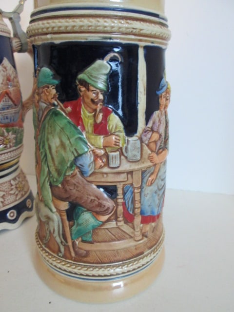 Two Vintage German Handpainted Stoneware Steins with Hinged Pewter Lids - 2