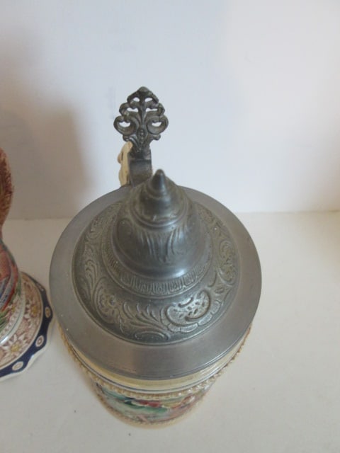 Two Vintage German Handpainted Stoneware Steins with Hinged Pewter Lids - 3